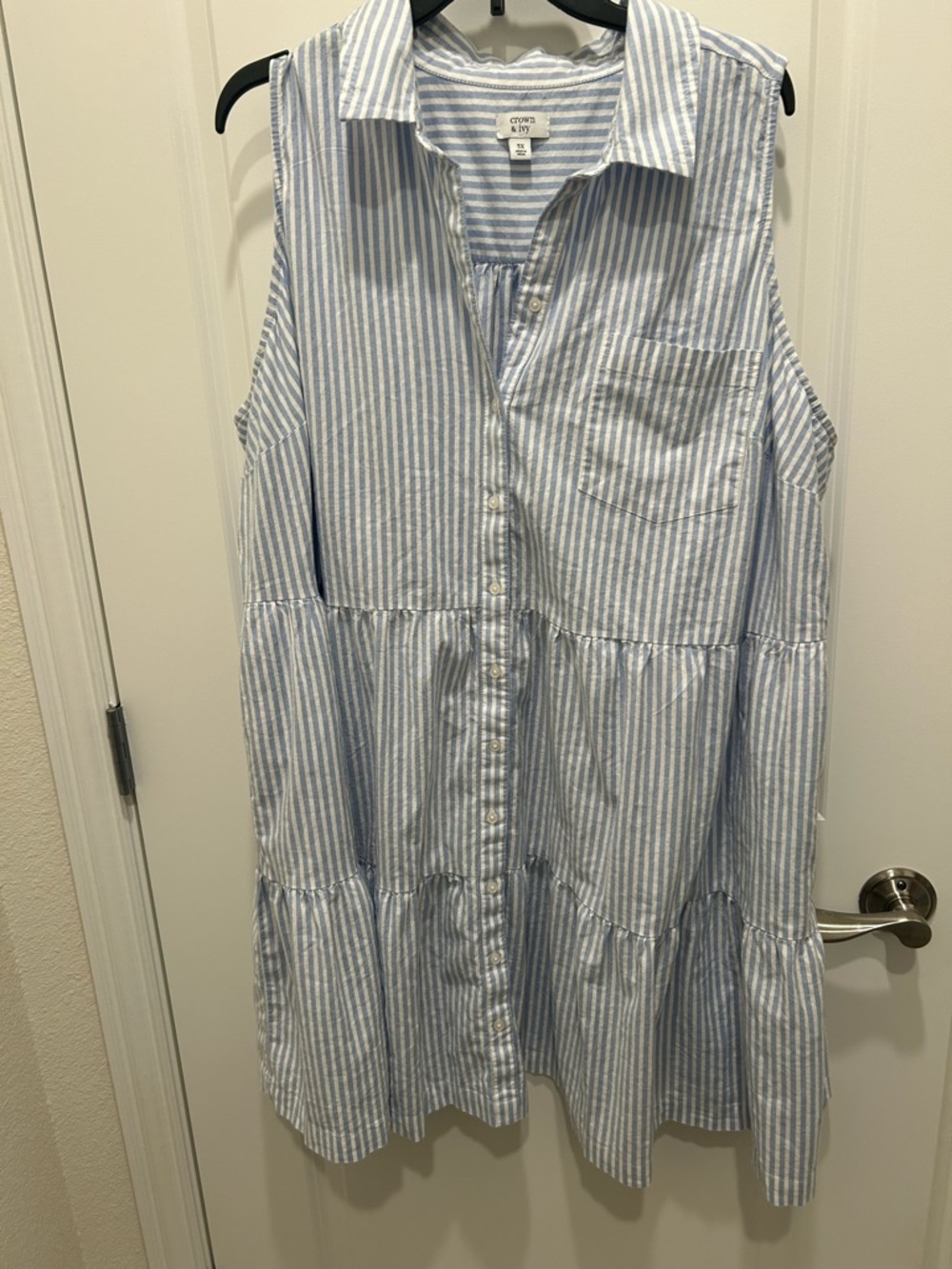 crown & ivy Blue and White Striped Sleeveless Tiered Shirt Dress